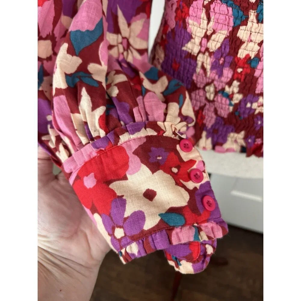 Free People Ariana Smocked Floral Top M Pink Red Balloon Sleeve Cottagecore